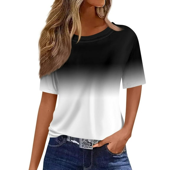 Short Sleeve Gradient Color Print Blouses for Women Lightweight Round Neck T-Shirts Fashion Casual Summer Tops