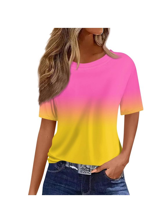 Short Sleeve Gradient Color Print Blouses for Women Lightweight Round Neck T-Shirts Fashion Casual Summer Tops