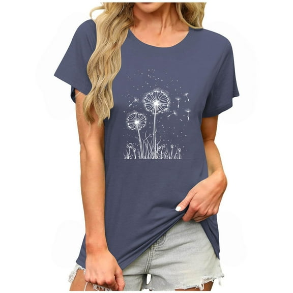 Short Sleeve Graphic Tees for Women Women's Vintage Floral T Shirt Boho Flower Graphic Tees Summer Loose Short Sleeve Casual Tops New B-Dark Blue S