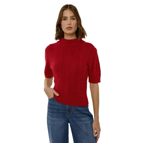 Short Sleeve Half Turtleneck Hair Braid Knit Sweater