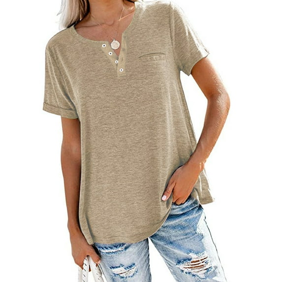 Short Sleeve Henley Shirts Tops for Women Casual Button Ups V Neck T Shirts Blouse Ladies Fashion Loose Tunic Tee