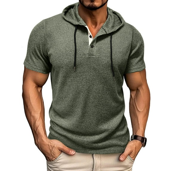 Short Sleeve Hoodies for Men with Button and Drawstring Pullover T Shirts Mens Casual Solid Color Breathable Slim Going-Out Athletic Workout Tees Tops