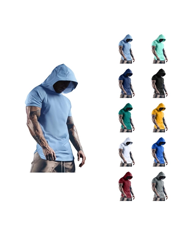 Short Sleeve Hoodies for Men Lightweight Summer Athletic Workout Gym Hooded T Shirts Pullover