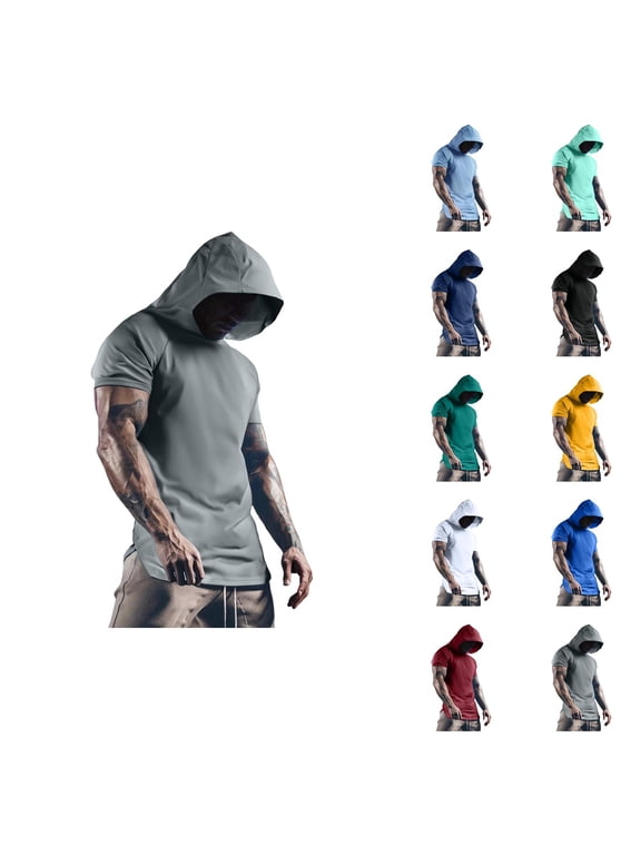 Short Sleeve Hoodies for Men Lightweight Summer Athletic Workout Gym Hooded T Shirts Pullover