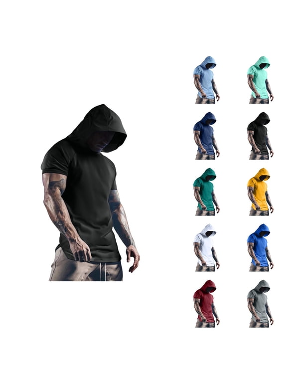 Short Sleeve Hoodies for Men Lightweight Summer Athletic Workout Gym Hooded T Shirts Pullover