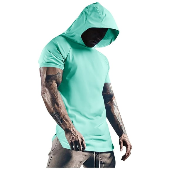 Short Sleeve Hoodies for Men Moisture Wicking Workout Gym Tshirts Muscle Pullover Athletic Tees Shirts