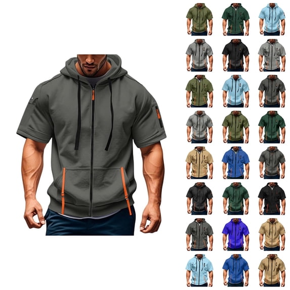 Short Sleeve Hoodies for Men Summer Fall Drawstring Loose Hooded Sweatshirt with Pockets Casual Zip Up Jacket Outerwear