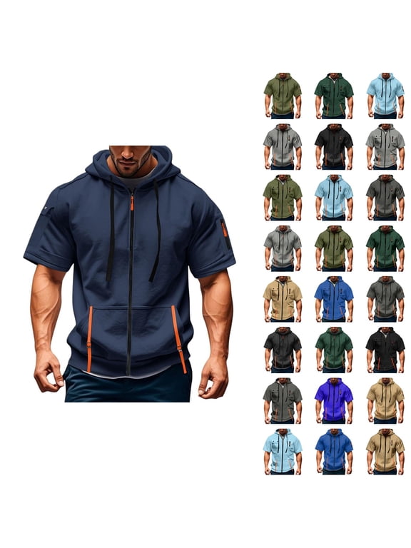Short Sleeve Hoodies for Men Summer Fall Drawstring Loose Hooded Sweatshirt with Pockets Casual Zip Up Jacket Outerwear