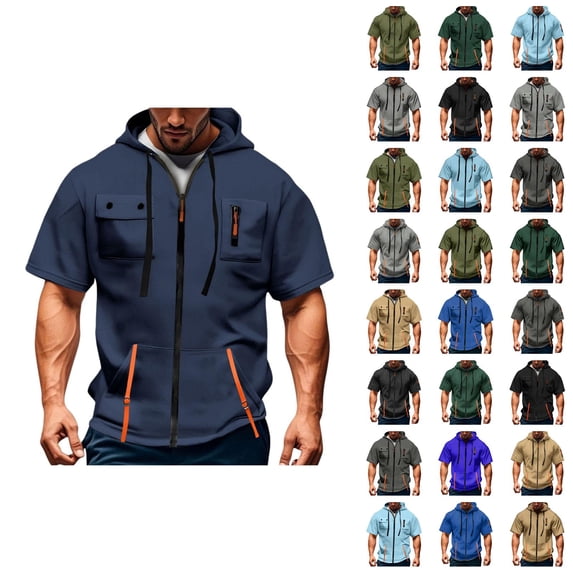 Short Sleeve Hoodies for Men Summer Fall Drawstring Loose Hooded Sweatshirt with Pockets Casual Zip Up Jacket Outerwear