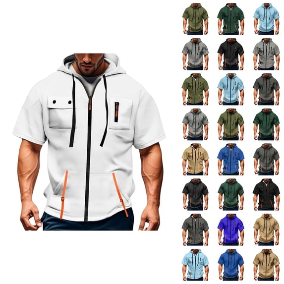 Short Sleeve Hoodies for Men Summer Fall Drawstring Loose Hooded Sweatshirt with Pockets Casual Zip Up Jacket Outerwear
