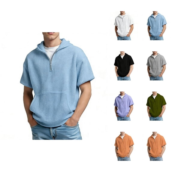 Short Sleeve Hoodies for Men Summer Fall Loose Casual Waffle Knit Hooded Sweatshirt with Pockets Quarter Zip Pullover