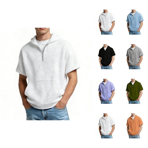 Short Sleeve Hoodies for Men Summer Fall Loose Casual Waffle Knit Hooded Sweatshirt with Pockets Quarter Zip Pullover