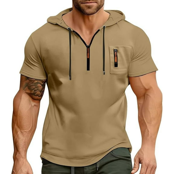 Short Sleeve Hoodies for Men with Zipper and Pocket Pullover T Shirts Mens Casual Solid Color Breathable Slim Athletic Workout Tees Tops