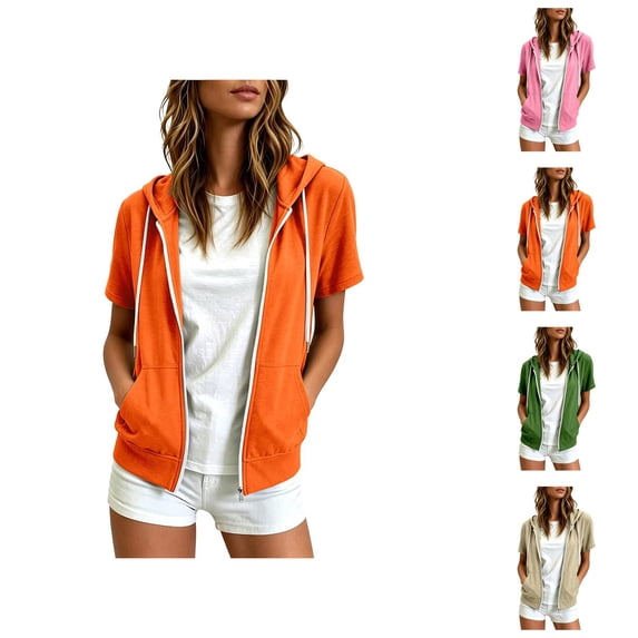 Short Sleeve Hoodies for Women Summer Fall Lightweight Zip Up Sweatshirt with Pockets Casual Jacket Outerwear