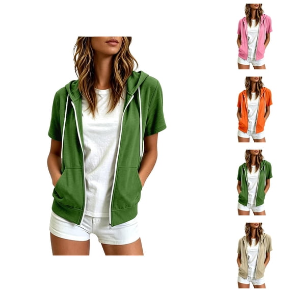 Short Sleeve Hoodies for Women Summer Fall Lightweight Zip Up Sweatshirt with Pockets Casual Jacket Outerwear