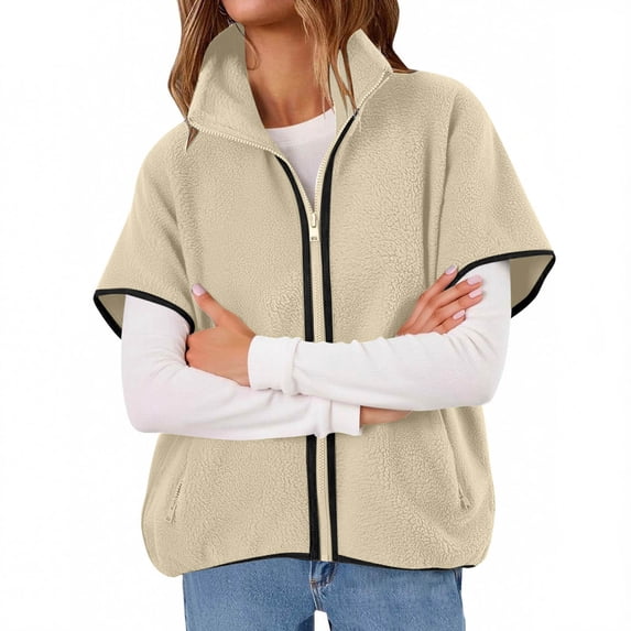 Short Sleeve Jacket Women Casual Fleece Vests, Oversized Fuzzy Warm Winter Coat Zip up Stand Collar Gilet Outerwear with Pockets Khaki XL , Coats for Lady with Hood