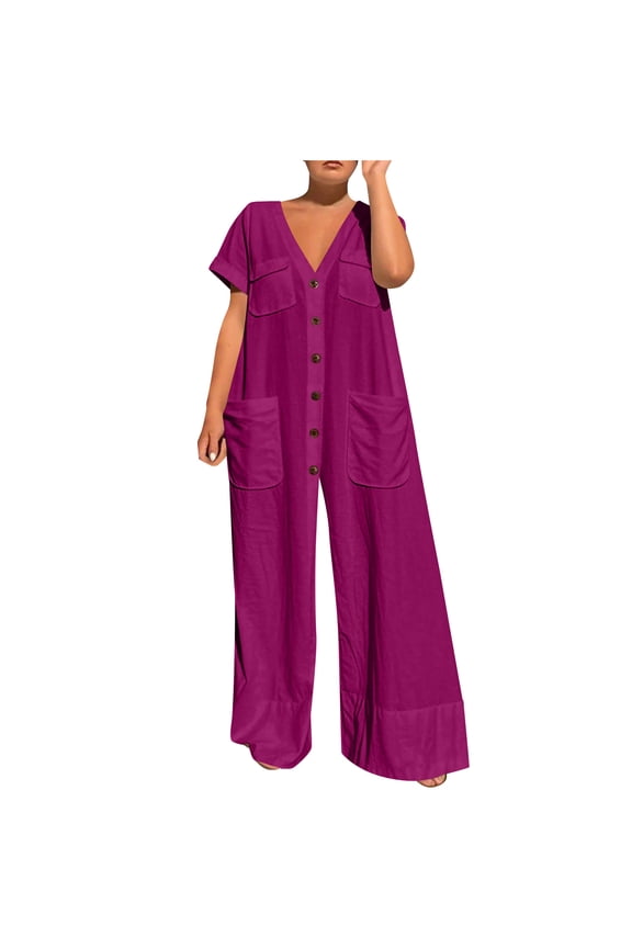 Short Sleeve Jumpsuit for Women Summer Jumpsuits V Neck Casual Romper Wide Leg Pants Women's Clothing Hot Pink S