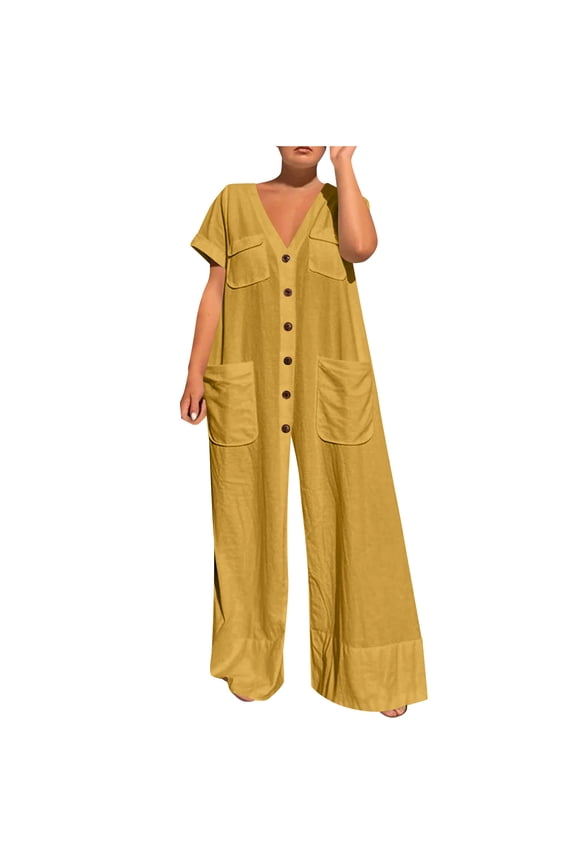 Short Sleeve Jumpsuit for Women Summer Jumpsuits V Neck Casual Romper Wide Leg Pants Women's Clothing Yellow L