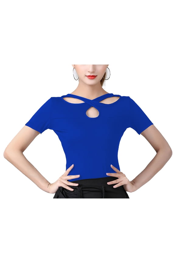 Short Sleeve Key Hole Front Or Back Top T Shirt For Women Adult Ladies Latin Ballroom Dance Practice