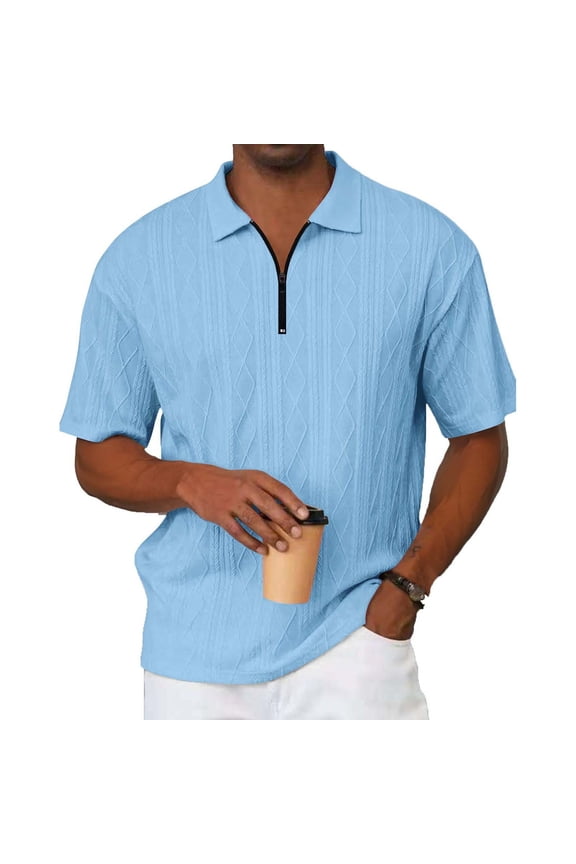 Short Sleeve Knit Shirts for Men Half Zipper Lapel Shirts Summer Loose Tops Breathable