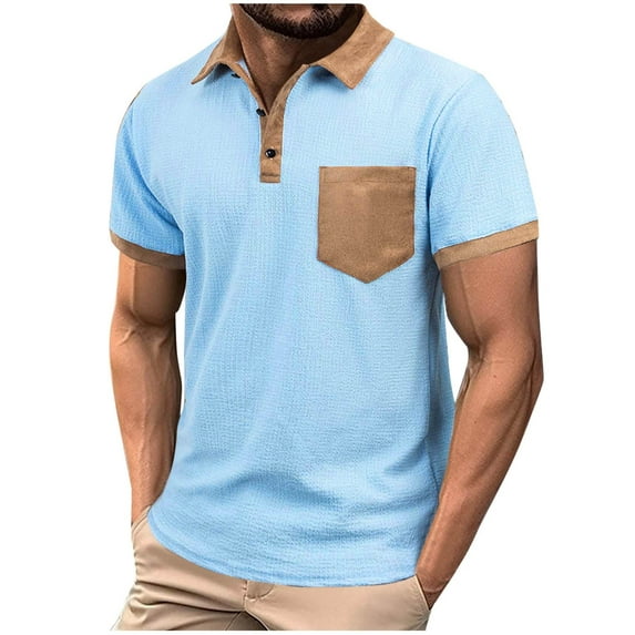 ShomPort Short Sleeve Lapel Men Tee Shirt Splice Color Pocket Blouse Simple Fashion Tops