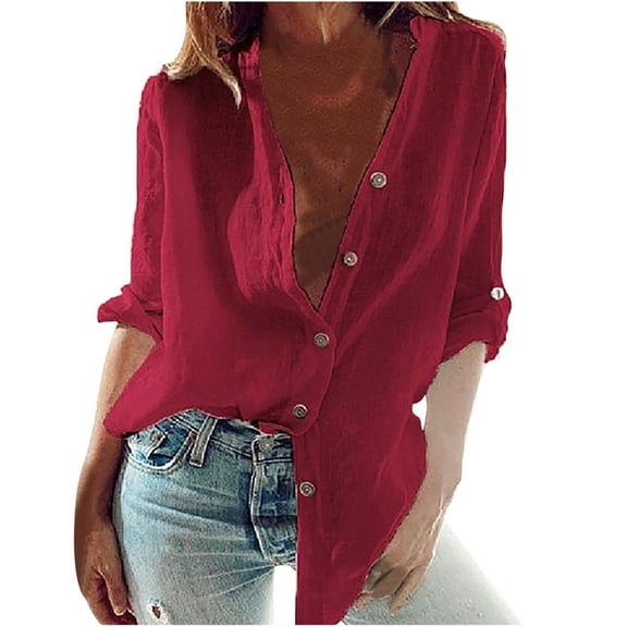 Short Sleeve Lapel Solid Color Blouses for Women Fashion Buttons Front Women's Summer Casual Stand Collar Neck Long Sleeved Color Loose Shirt Tops(Red,2XL)