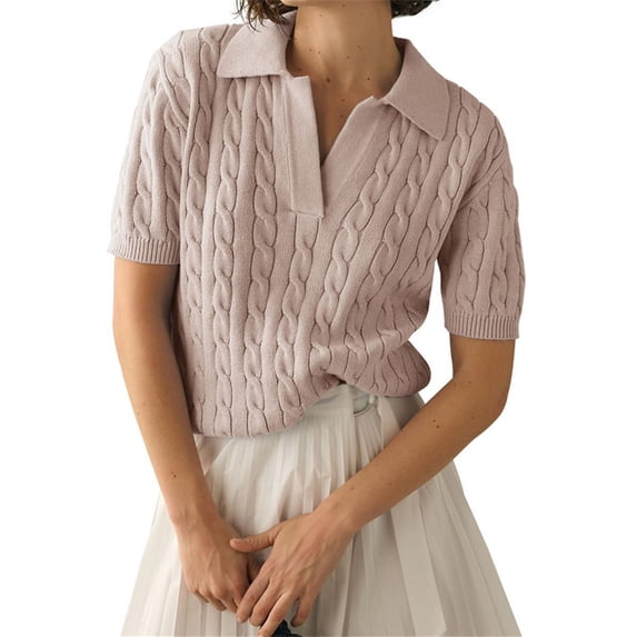 Short Sleeve Lapel V-Neck Women Casual Knit Pullover Jumper