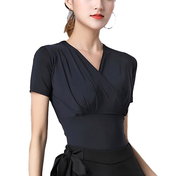 Short Sleeve Latin Ballroom Dance Tops Stretch Jersey V-Neck Ruched Wrap-Over Fitted
