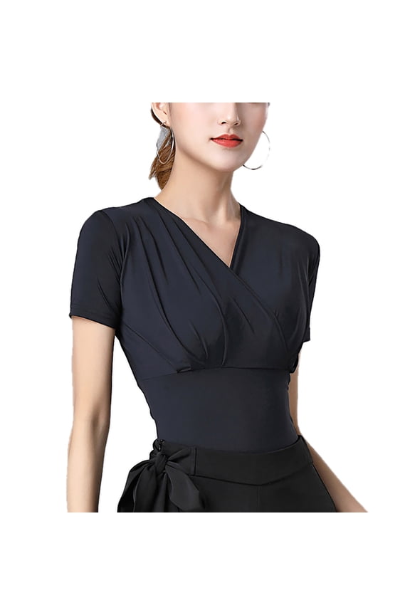 Short Sleeve Latin Ballroom Dance Tops Stretch Jersey V-Neck Ruched Wrap-Over Fitted