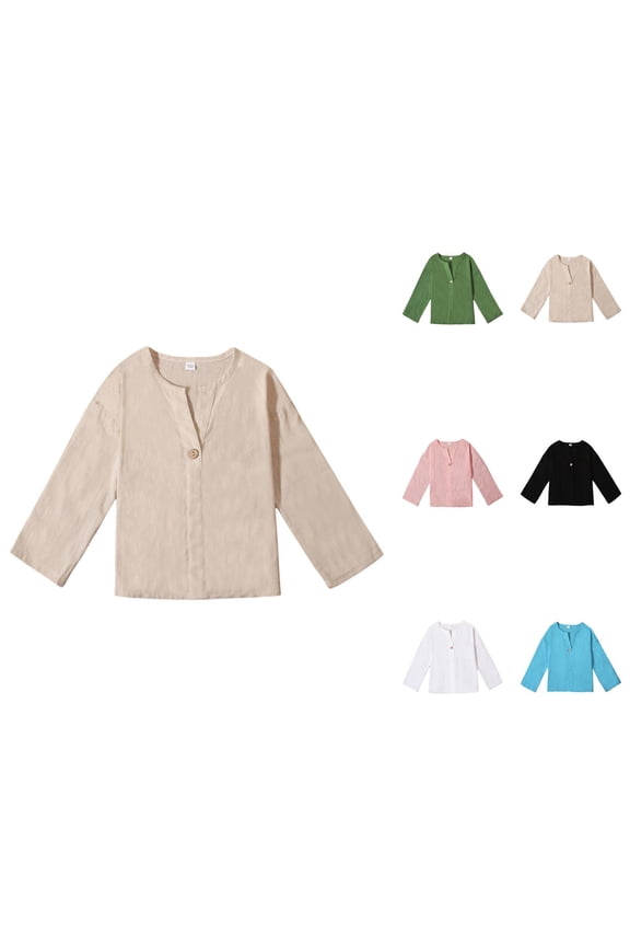 Short Sleeve Linen Cotton Henley Shirt for Boys, Comfortable Breathable Kids Top with One Pocket, Casual Plain Button-Up Tee for Spring and Autumn