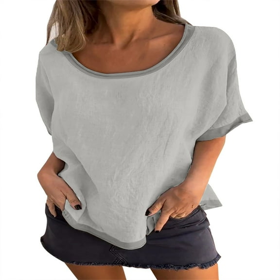 Short Sleeve Linen Shirt Women, Yigetop Women's Casual Fashion Crewneck T Shirt with Cotton and Linen Panels Short Sleeved Top Womens Oversized Tee Shirts Light Ashy L