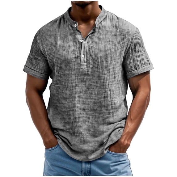Short Sleeve Linen Shirts for Men Lightweight Casual Beach Summer Tops 3-Button Henley Tees Solid Color (S, Gray)