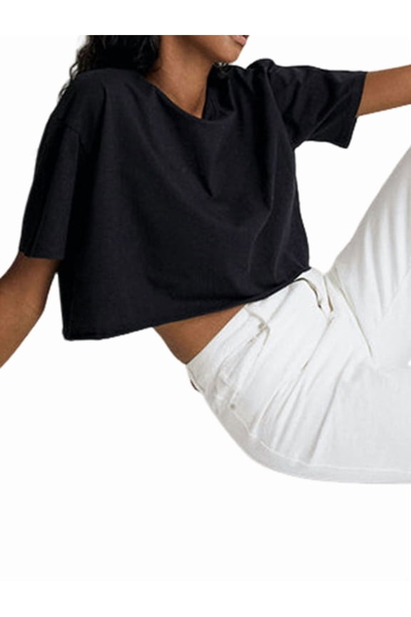 Short Sleeve Loose Crop Top Women Crew Neck Crop Shirt Drop Shoulder Casual Boxy Yoga Running Cropped Baic Tee Black XL