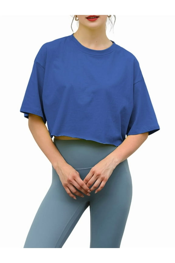 Short Sleeve Loose Crop Top Women Crew Neck Crop Shirt Drop Shoulder Casual Boxy Yoga Running Cropped Baic Tee Blue L