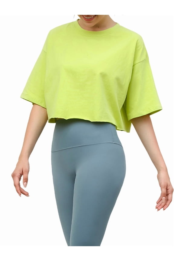 Short Sleeve Loose Crop Top Women Crew Neck Crop Shirt Drop Shoulder Casual Boxy Yoga Running Cropped Baic Tee Green L