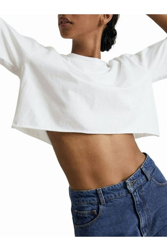Short Sleeve Loose Crop Top Women Crew Neck Crop Shirt Drop Shoulder Casual Boxy Yoga Running Cropped Baic Tee White L