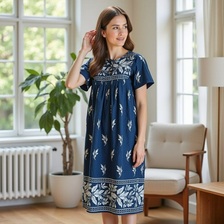 Cotton Duster Plus Size Summer Gown Short Sleeve Blue Lounger