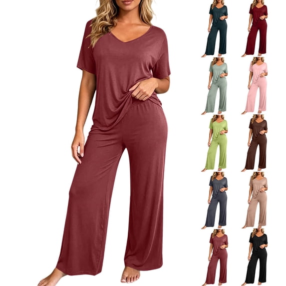 Short Sleeve Loungewear Set Ndbuld Summer Women's Solid 2 Piece Loungewear Set V Neck Ruched Short Sleeve Maternity Wide Leg Sleep Pants Coffee,Free Size