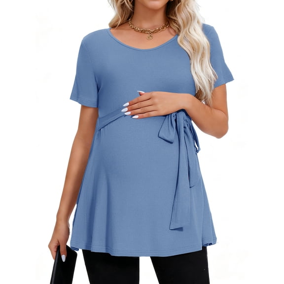 Short Sleeve Maternity Clothes for Women Tie Front Maternity Tops Pregnancy Shirts
