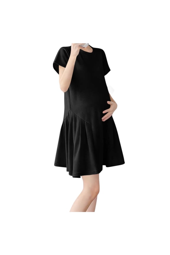 Short Sleeve Maternity Dress for Baby Shower Photoshoot Mid-Thigh Flowy Pleated Pregnancy Dress Crew Neck A-Line Summer Mama Clothes Soft Stretchy Pregnancy Clothes