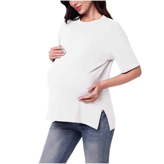 Short Sleeve Maternity Shirts for Women Zipper Split Side Casual Soft Stretch Loose Pregnancy Clothes