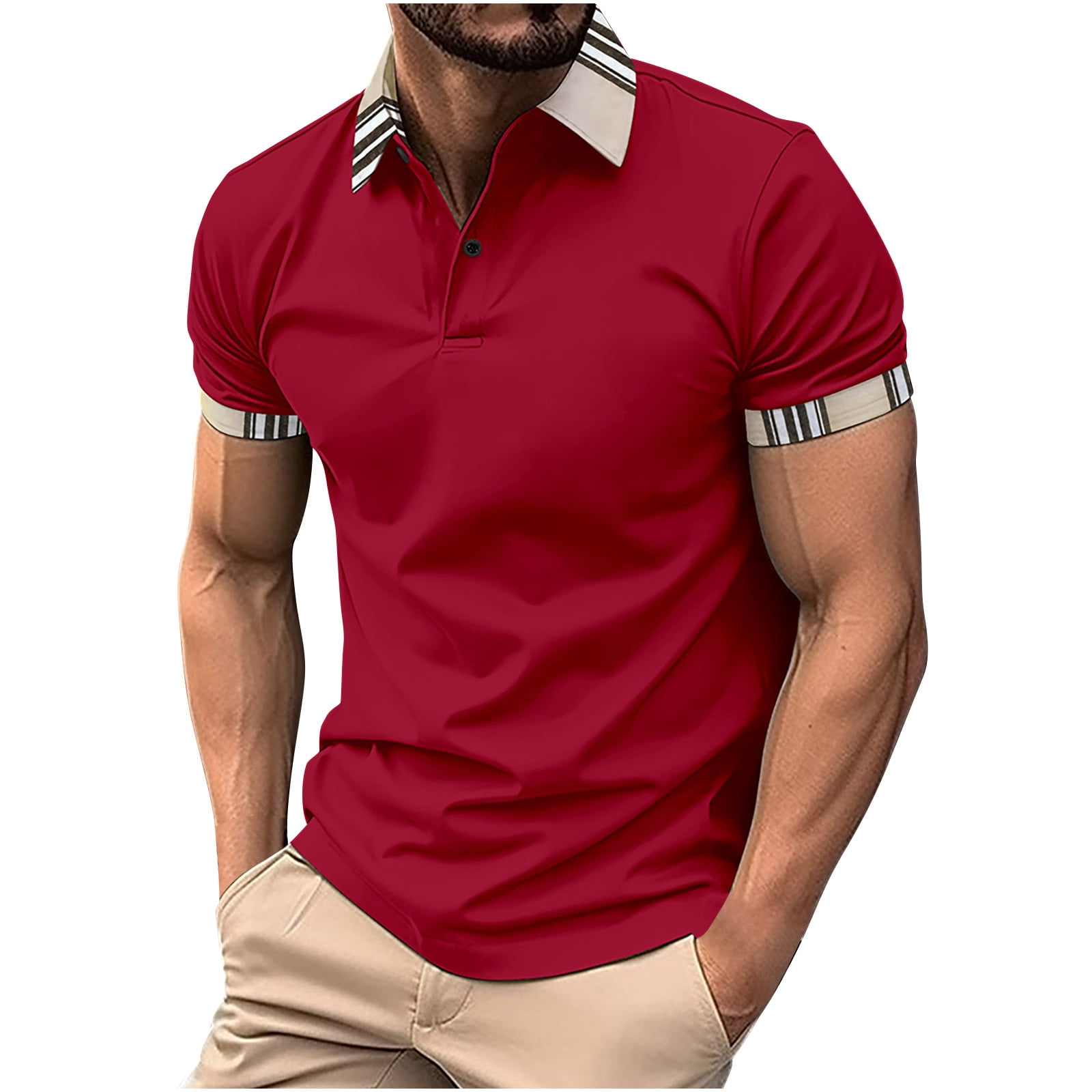 Short Sleeve Men's Polo Shirts Summer Muscle Blouse Regular Fit Striped ...