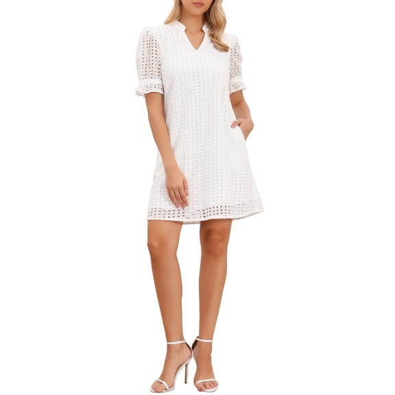 Short Sleeve Mini Dress for Women 2026 Summer V Neck Ruffle Hollow Out Eyelet Lace Dresses M White
