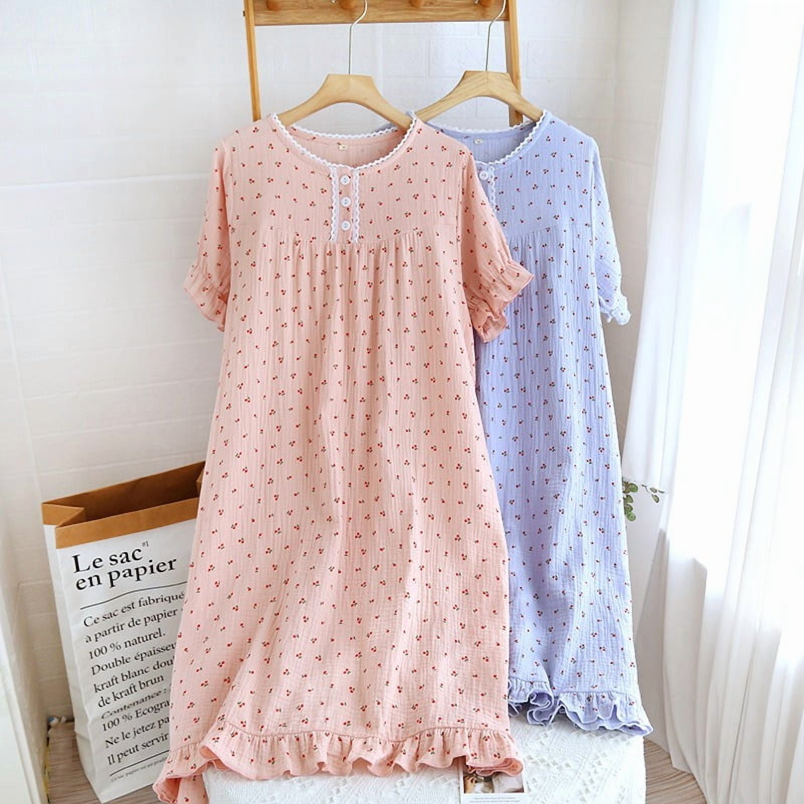 YMTQ Short Sleeve Nightdress Women Lace Cherry Printed Nightgown Japanese Style Thin Bathrobe Pajamas Nightwear Lingerie Sleepwear