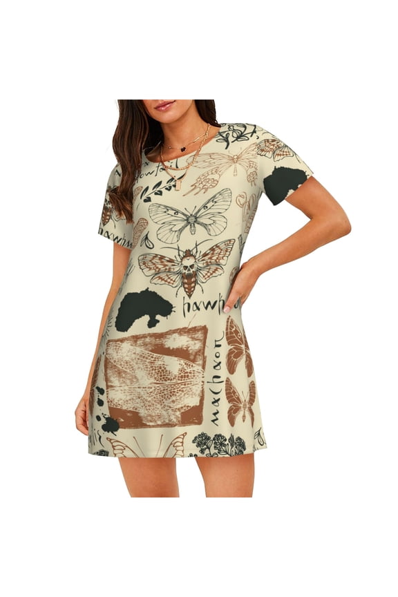 Short Sleeve Nightshirt Nightgowns Sleep Lounge Pajama dress sleepwear, Dragonfly Moth Vintage Butterfly