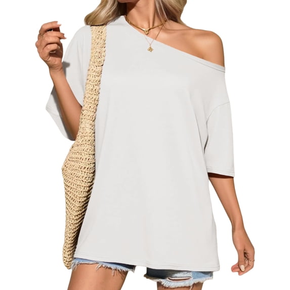 Short Sleeve Off Shoulder Solid Color Women Casual T Shirt