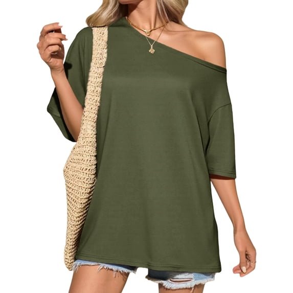 Short Sleeve Off Shoulder Solid Color Women Casual T Shirt