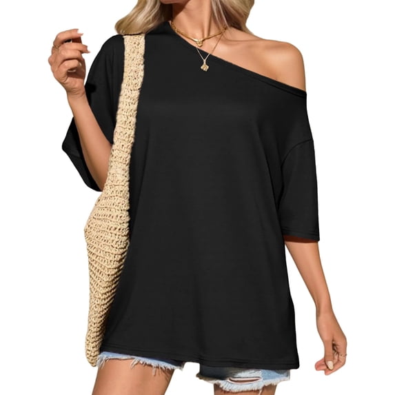 Short Sleeve Off Shoulder Solid Color Women Casual T Shirt