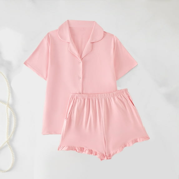 Short Sleeve Pajamas Set for Women Button down Sleepwear Matching Shorts Comfy Pjs 2 Piece Lounge Sets Pinky S