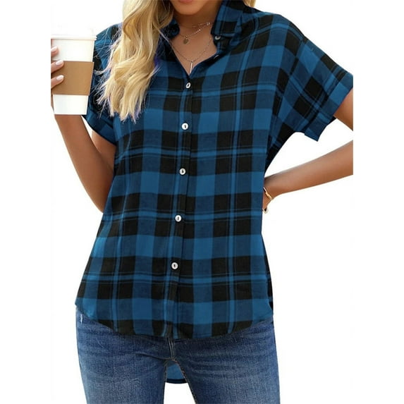 Short Sleeve Plaid Print Women Casual Blouse Female Summer Turn-Down Collar Shirt Tops